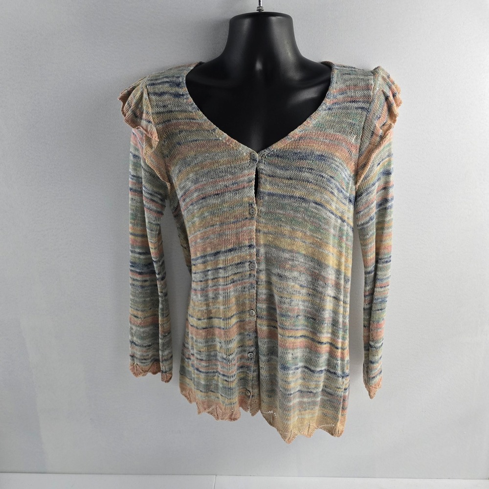 NWT‎ Democracy Womens Medium M Knit Cardigan Button Front Ruffle Trim Striped